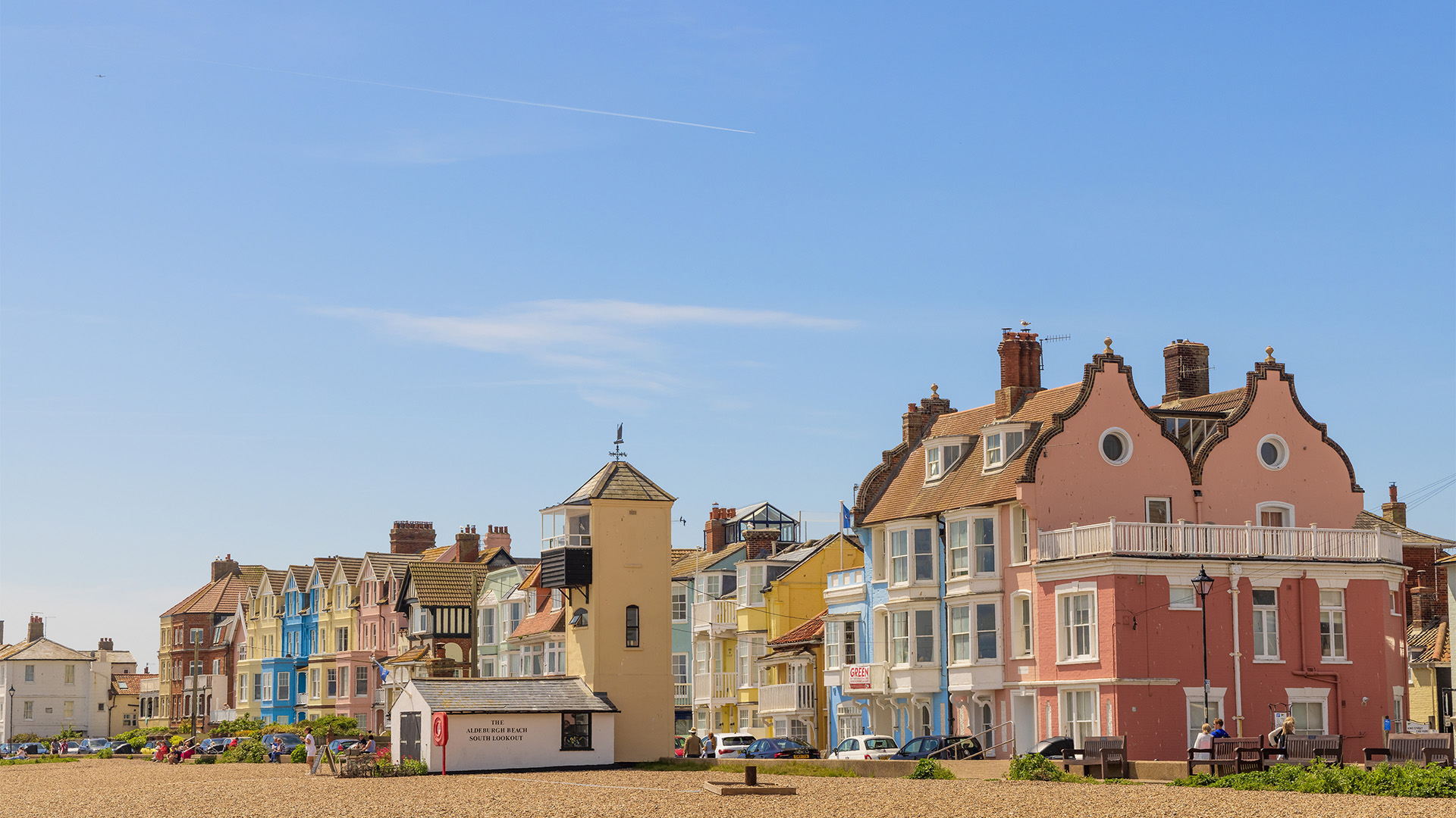 Colourful beachfront houses in Aldeburgh.