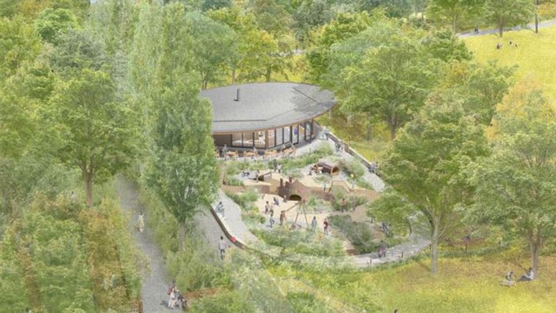 Artist’s impression of Horniman Museum’s Nature + Play development with café and playground.