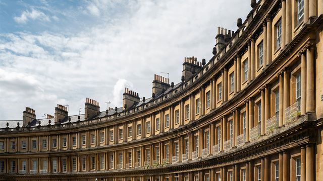 The façade of the Royal Crescent in Bath is renowned for its Georgian architecture and is the site of regular exhibitions.