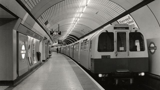 Jubilee line platform 3 (now closed) at Charing Cross Underground station by Colin Tait, 18 Apr 1986 © TfL from London Transport Museum's collection. Image courtesy of TfL. A black-and-white photograph of the now closed Jubilee line platform 3 at Charing Cross, taken in 1986 and showing a Tube train and an empty platform.