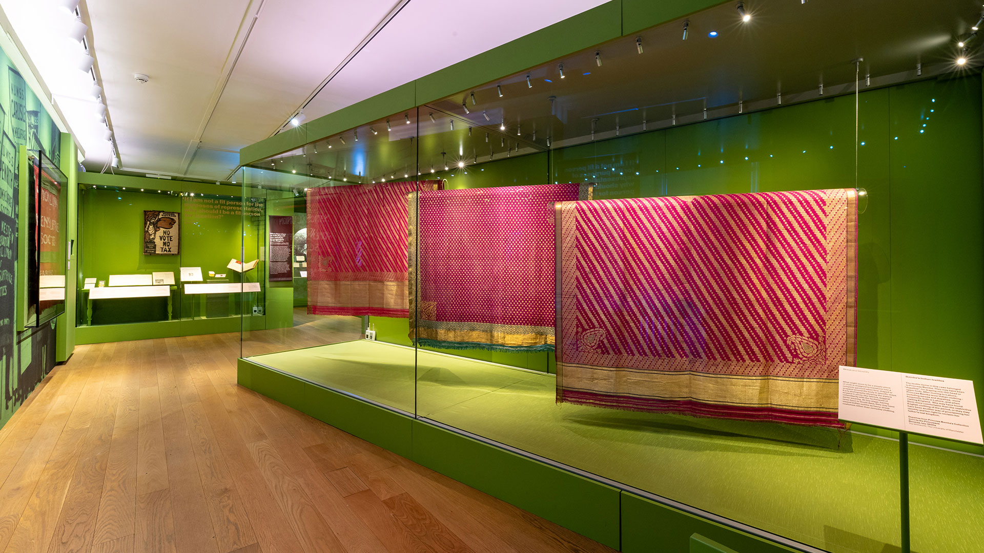 Green room at Kensington Palace where pink dupattas, indian drapes attire are exhibited, belonging to the princesses and Duleep-Singh sisters.