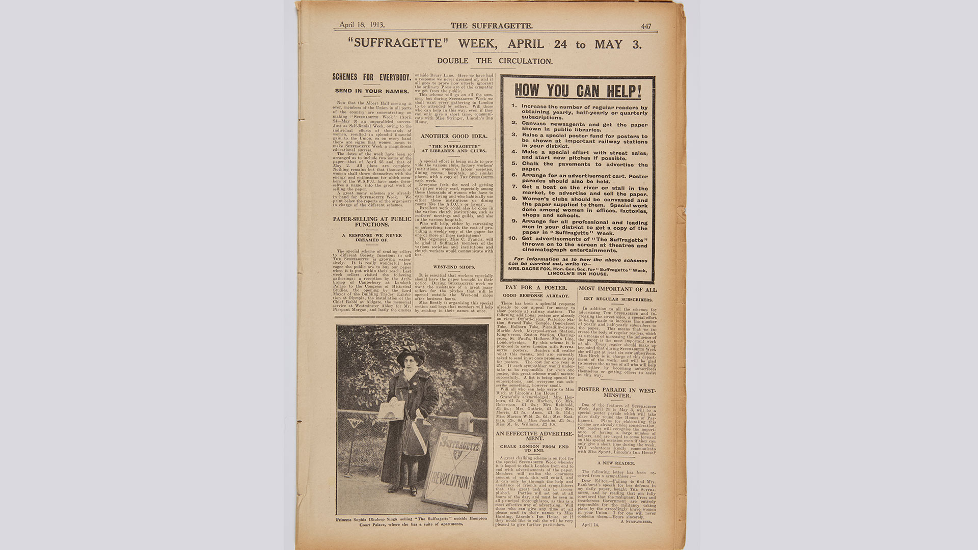 Bound Copy of the Suffragette with an image of Sophia selling copies of the suffragette, part of Kensington Palace's exhibition 'The Last Princesses of Punjab'.