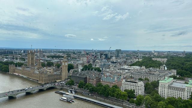 View from the London Eye overlooking the river Thames, the Palace of Westminster, Big Ben, Whitehall and St James's Park under a cloudy sky.
