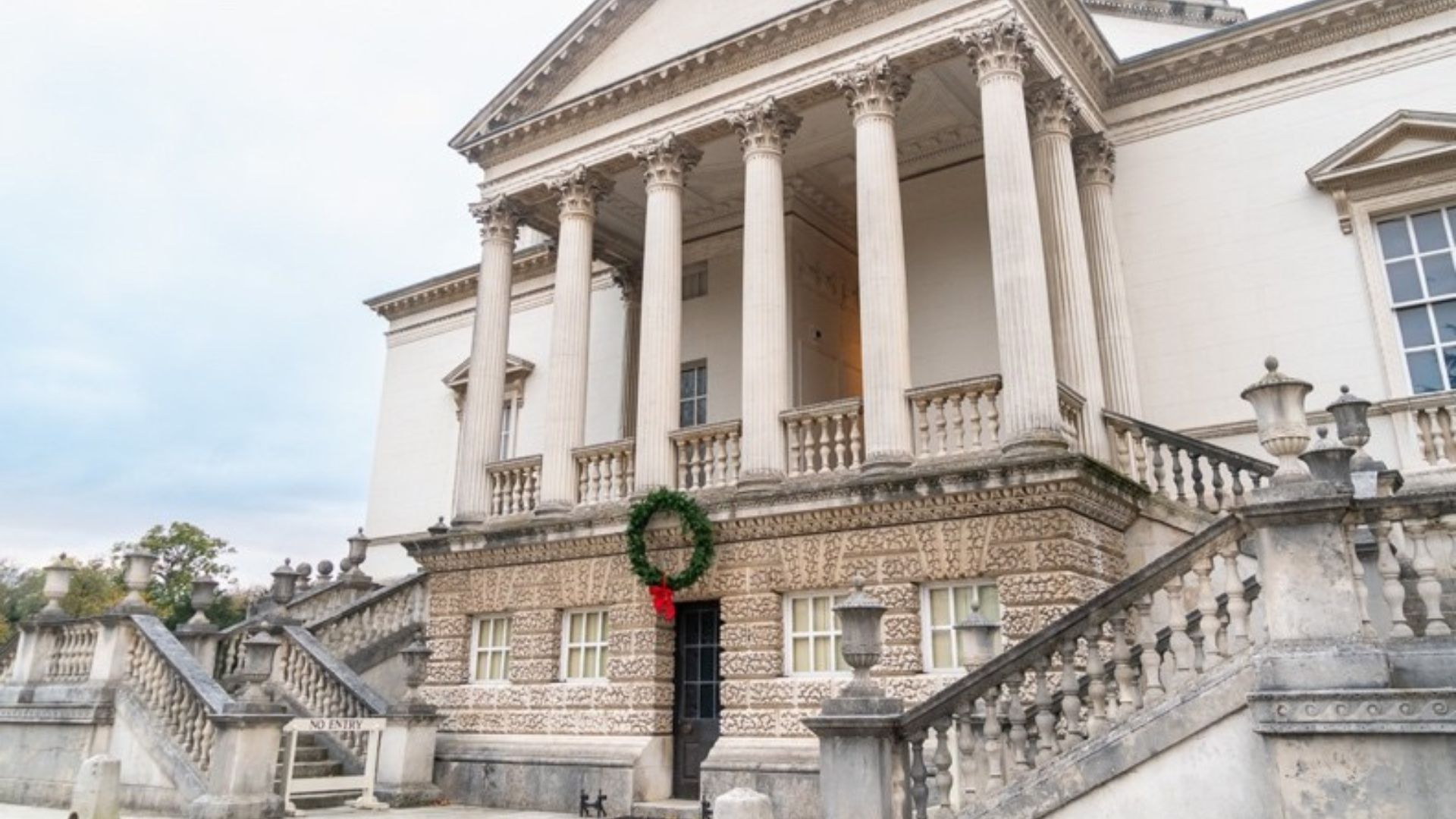 Chiswick House with a Christmas wrath hanging on the Exterior Staircase