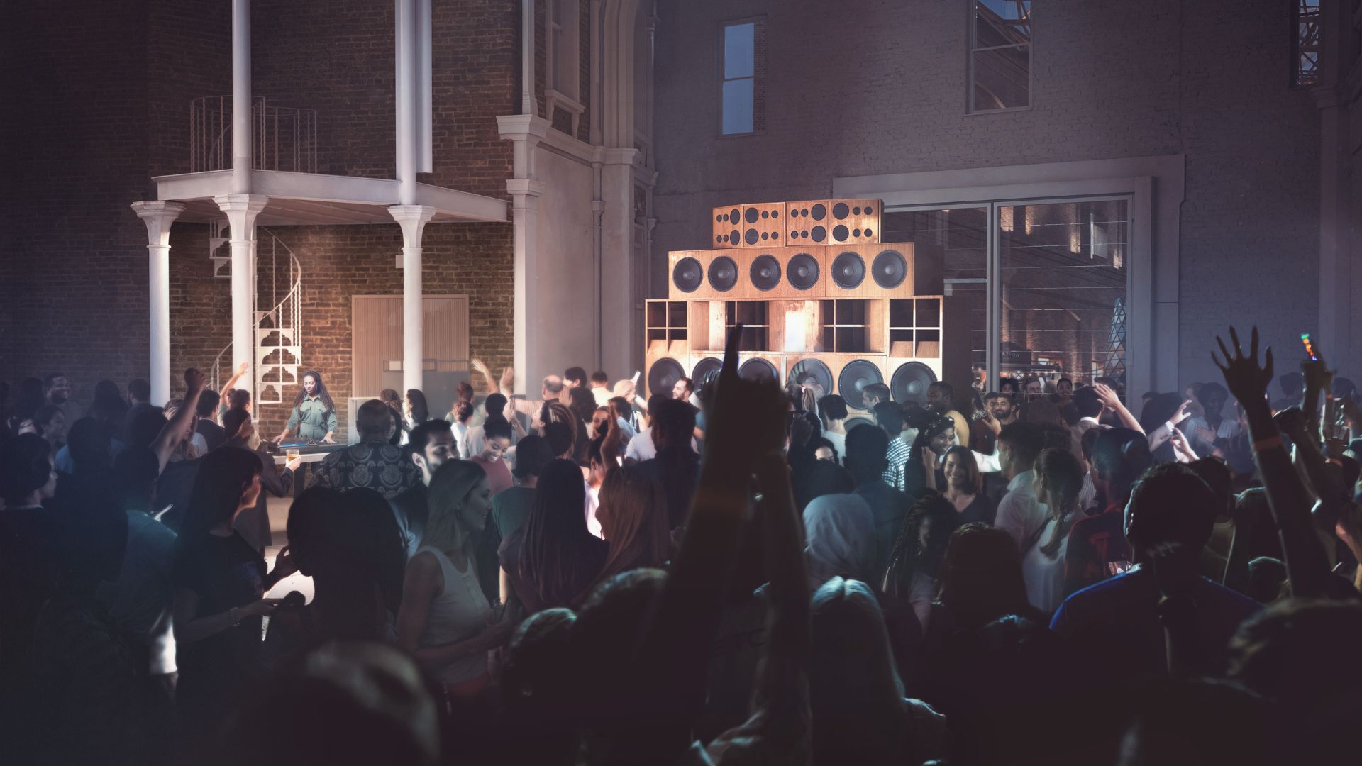 Visualisation of London Museum’s Our Time space with a group of people gathered around a DJ booth.