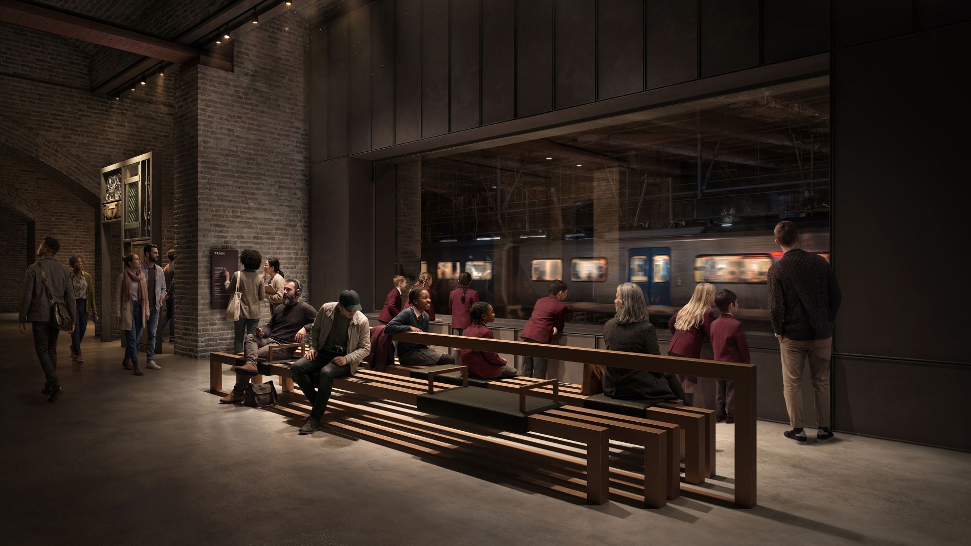 Visualisation of London Museum’s train window in the Past Time galleries with people sitting on a bench in front of it.