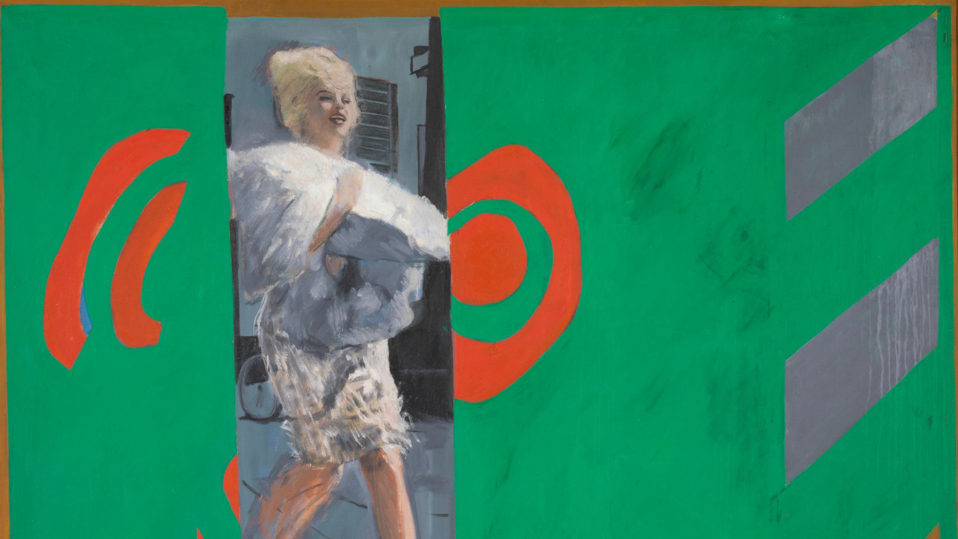 The Only Blonde in the World painting of Marilyn Monroe walking in white outfit on green and red background.