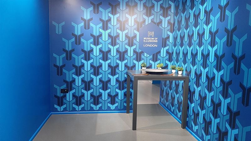 Blue walls with some pattern and a table with a plate and little plants on it and a mirror underneath the table on the wall.