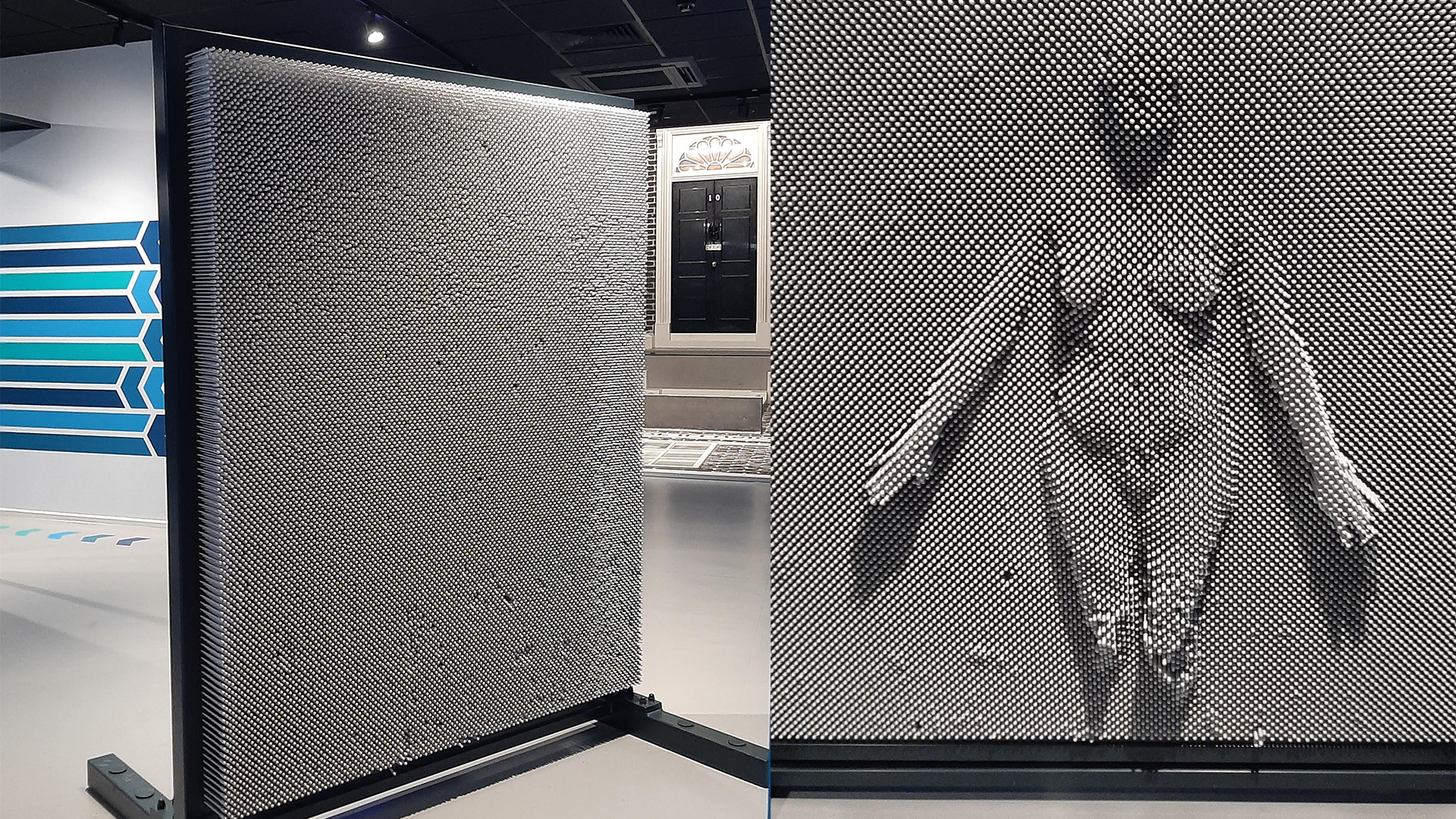 Enjoy the wall of pins at the Museum of Illusions. Image courtesy of Visit London/Sigrun Tomicki Two images next to each other, one of a wall made of long pin needles and on the right side an image with an imprint on those pins.