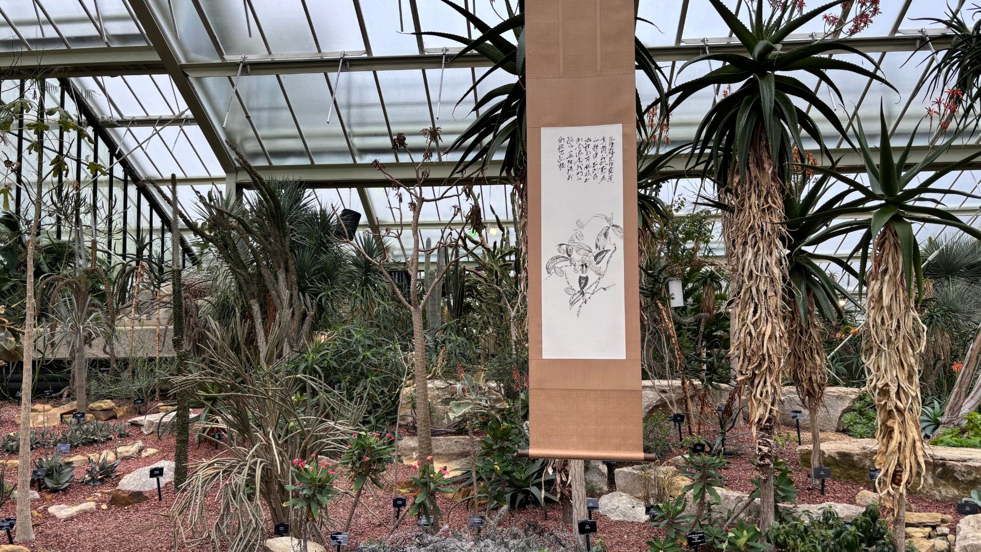 Discover calligraphy‑inspired artworks by Hong Kong-based artist Zheng Bo at Kew Gardens Orchid Festival 2026. © Visit London/Charlotte Pritchard. calligraphy‑inspired designs in the centre of desert landscape at Kew Orchids Festival.