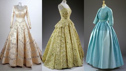Exquisite couture gowns designed by Norman Hartnell: Princess Elizabeth’s wedding dress (1947), apple-green gown worn for a state banquet given for President Eisenhower at the British Embassy in Washington, DC (1957), ensemble worn for the wedding of Princess Margaret (1960). Images courtesy of Royal Collection Enterprises Limited 2025 | Royal Collection Trust. Photographer: Paul Bulley.