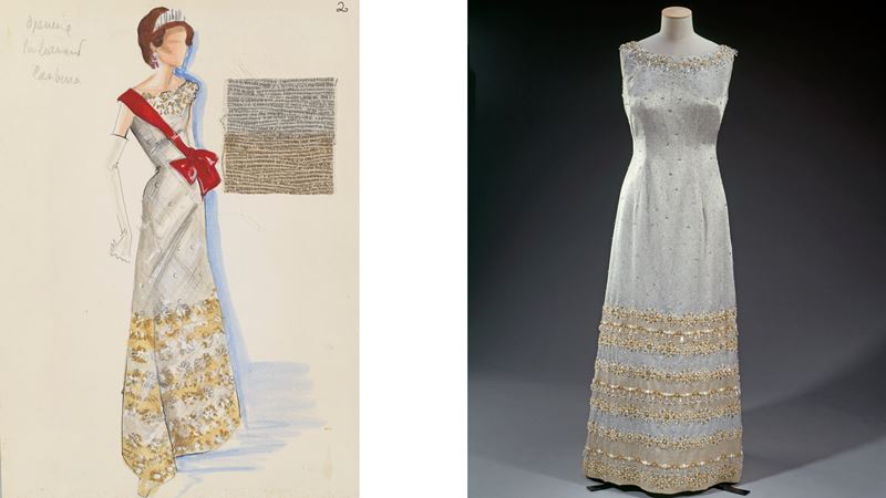 Illustration of a silver lamé beaded shift dress designed by Norman Hartnell and the actual dress worn by the Queen during a state visit to France in 1972. Image courtesy of Royal Collection Enterprises Limited 2025 | Royal Collection Trust. Illustration of a silver lamé beaded shift dress with annotations and photo of the actual dress.