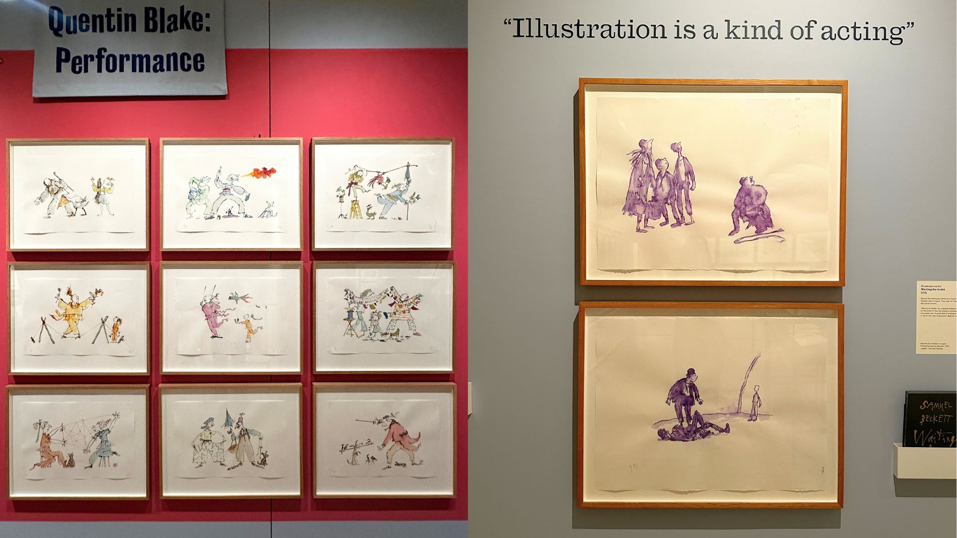 Framed Quentin Blake illustrations displayed in the Performance exhibition alongside the quote "Illustration is a kind of acting".
