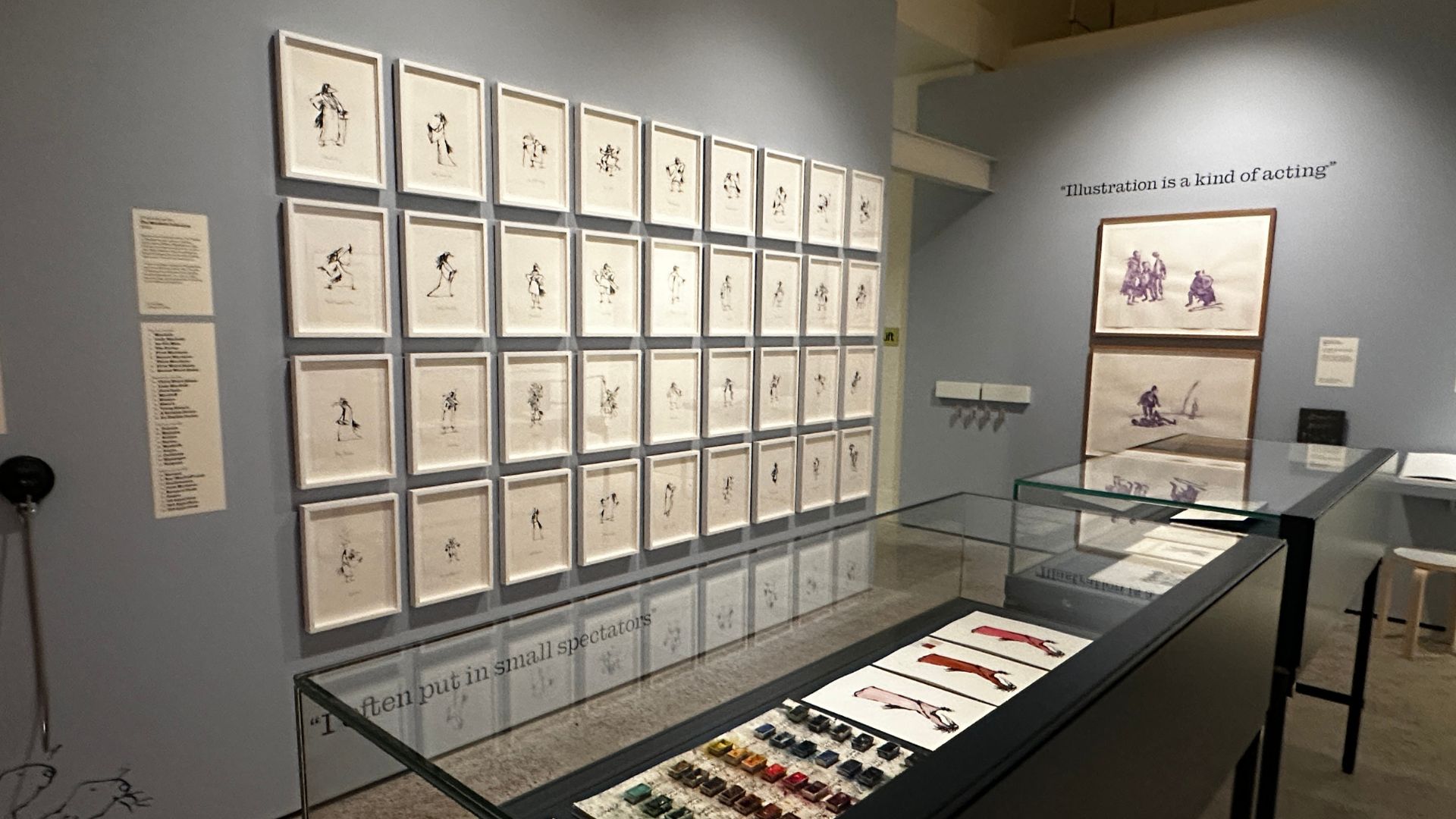 See Shakespeare reimagined through Quentin Blake's creative lens, where familiar characters take on unexpected new forms. Photo Credit: Kirstine Spicer/Visit London. Display of Quentin Blake's Macbeth illustrations featuring expressive character studies and watercolour artwork.