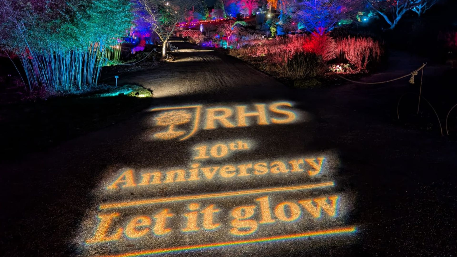Illuminated garden path with colorful trees and projected text reading RHS 10th Anniversary Let it glow.
