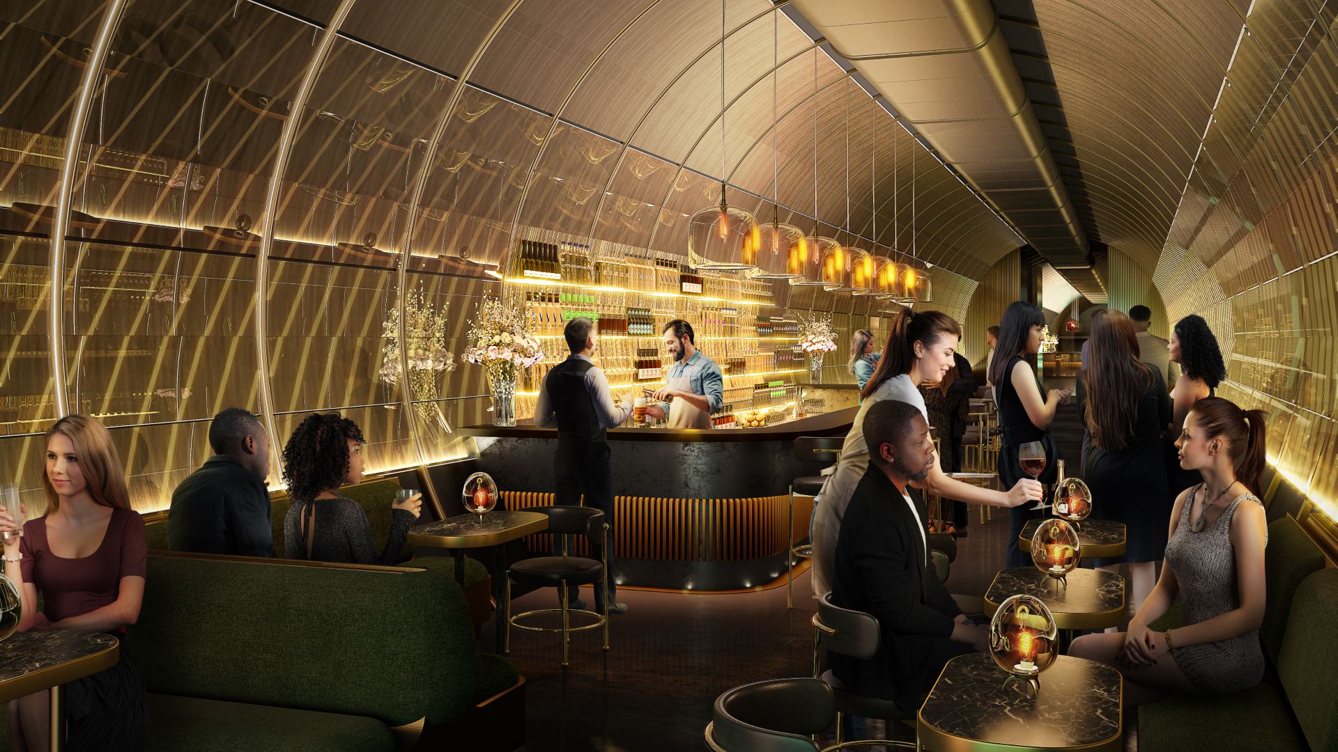 A concept image of a bar within one of the tunnels at The London Tunnels, showing people sitting at tables and a bar area that stretches along the length of a tunnel,