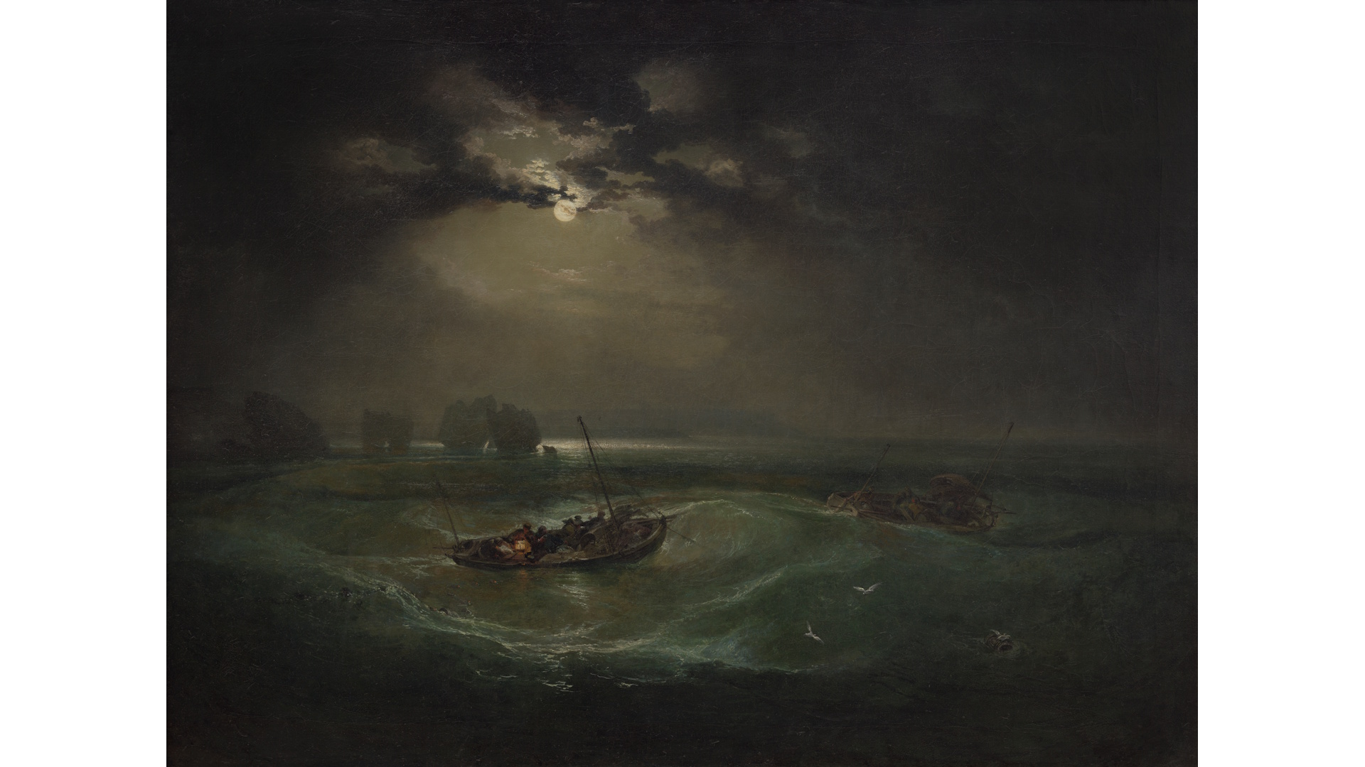 JMW Turner's painting Fishermen at Sea, showing a wooden sailing boat at night in a turbulent sea, with the moon peaking through the clouds above.
