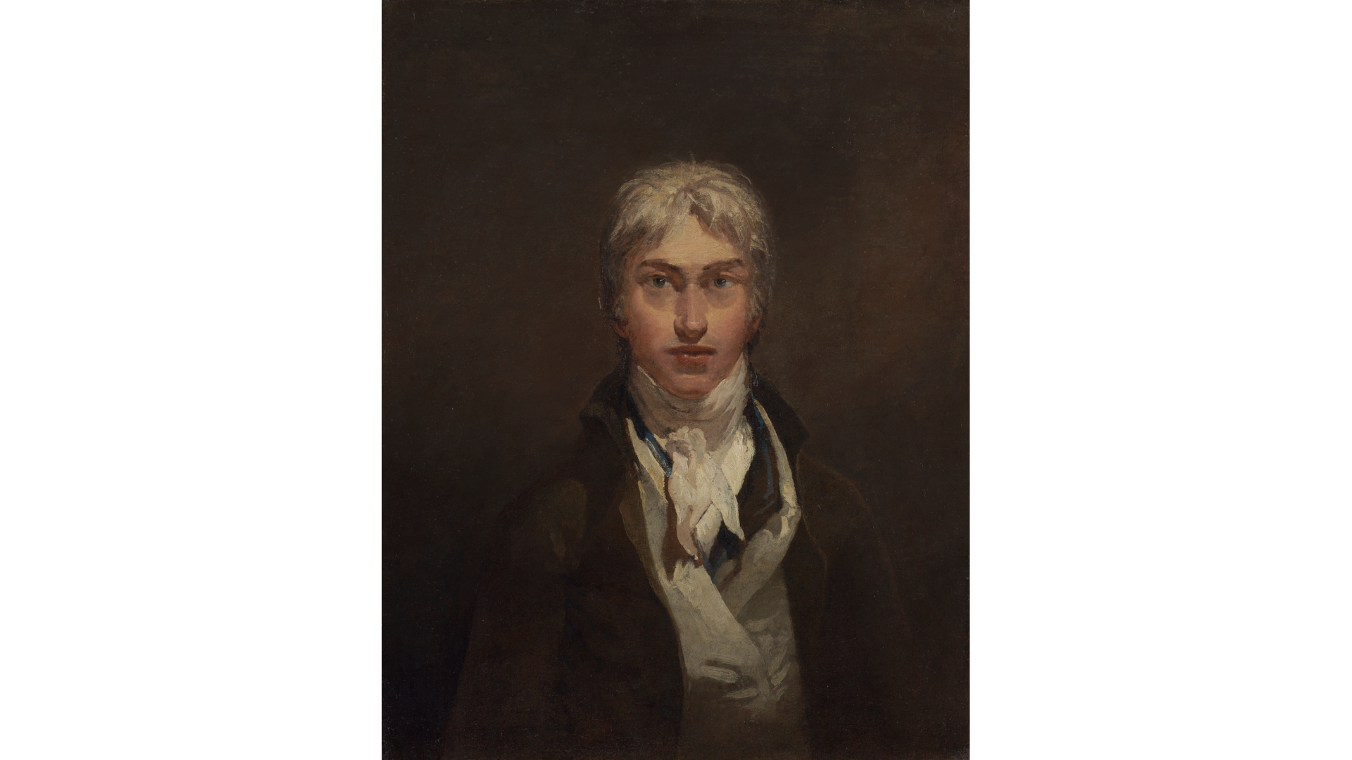 JMW Turner's Self-Portrait, showing the artist's head and upper torso, dressed in gentlemen's clothing of the time and staring directly ahead.