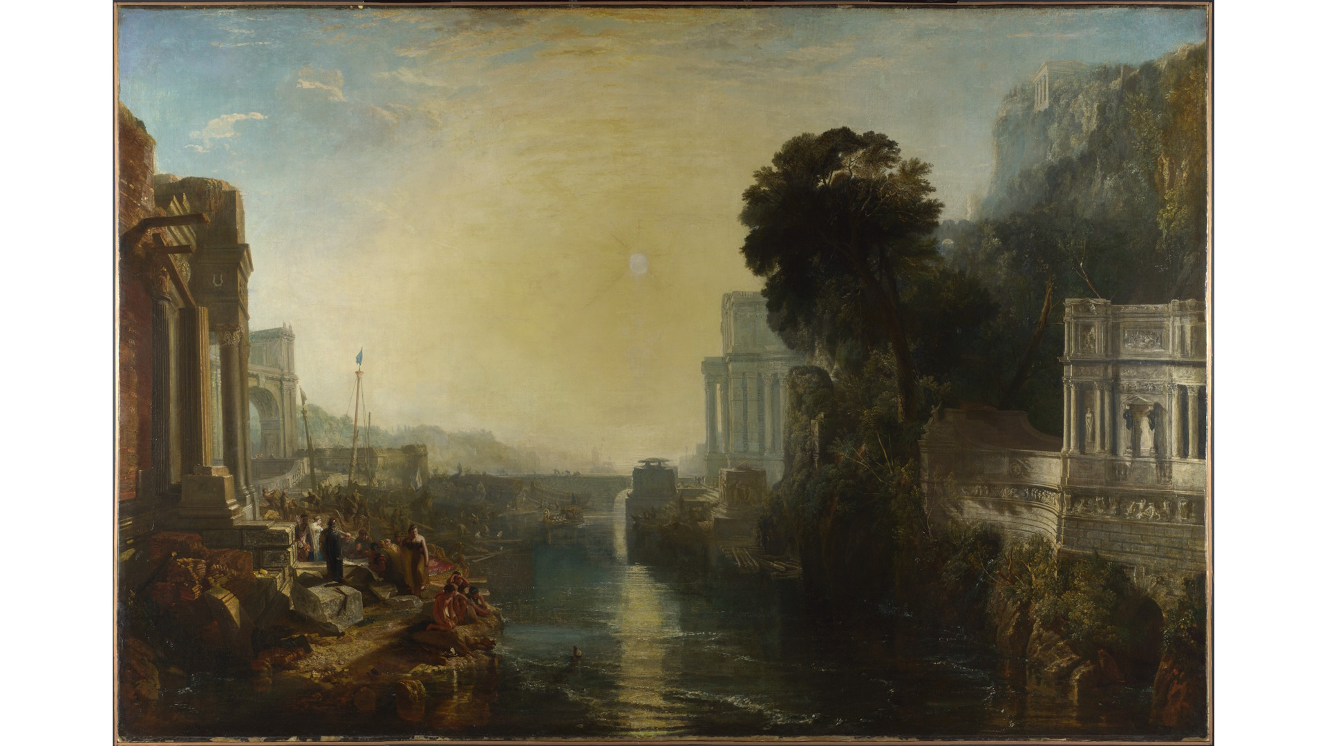 JMW Turner, Dido building Carthage, or The Rise of the Carthaginian Empire, 1815. © The National Gallery, London. All rights reserved. Image courtesy of Tate. JMW Turner's painting Dido building Carthage, or The Rise of the Carthaginian Empire, 1815, depicting a historical riverside scene in Carthage with bathers and historical buildings.