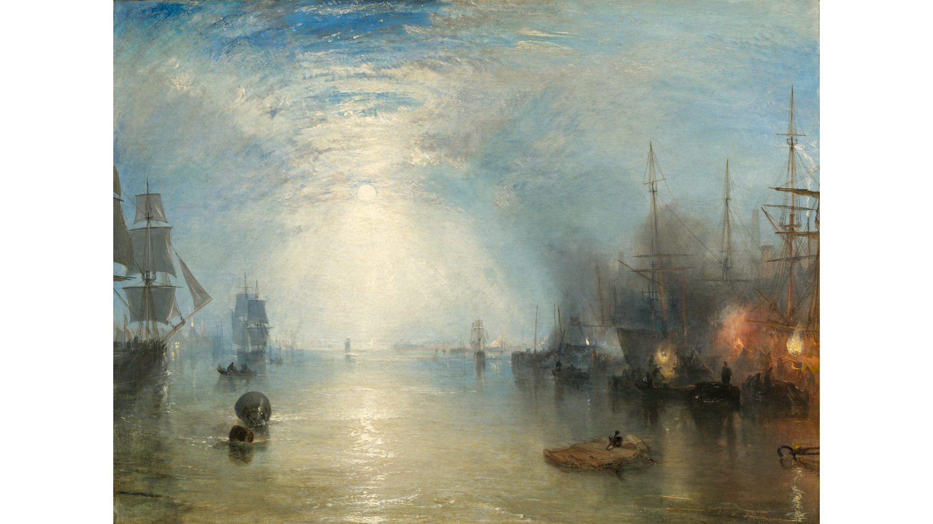 JMW Turner, Keelmen Heaving in Coals by Moonlight, 1835. National Gallery of Art, Washington, Widener Collection. Image courtesy of Tate. JMW Turner's painting Keelmen Heaving in Coals by Moonlight, 1835, showing a dockyard with ships in full sail to the left and ships in dock on the right with flames.