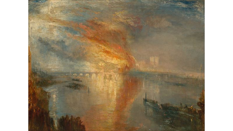 JMW Turner's painting The Burning of the Houses of Lords and Commons, 16 October 1834 depicting the night the Houses of Parliament caught fire. The painting is created from the opposite riverbank and looks across the river, as the building burns with bright orange and yellow flames, which are reflected in the water.