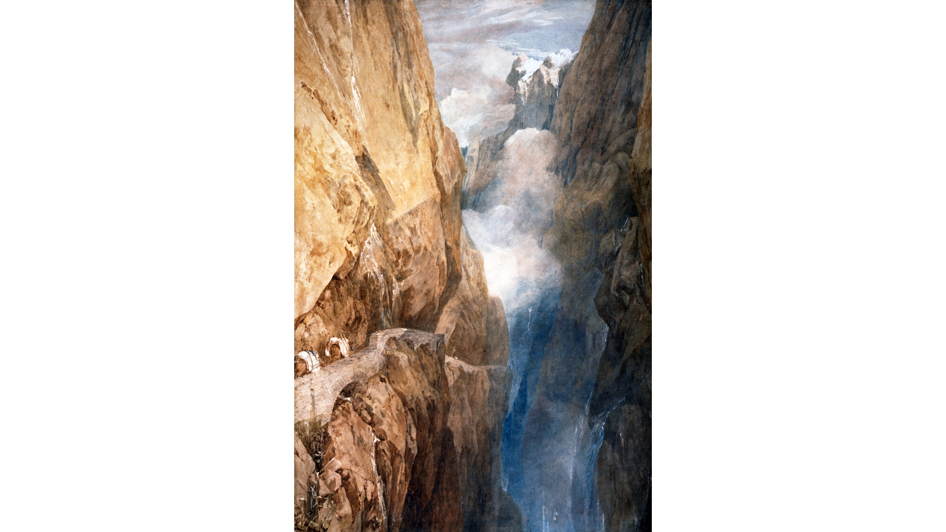 JMW Turner, The Passage of Mount St Gothard from the centre of Teufels Broch (Devil’s Bridge), 1804. © Abbot Hall, Kendal (Lakeland Arts Trust). Image courtesy of Tate. JMW Turner's painting The Passage of Mount St Gothard from the centre of Teufels Broch (Devil’s Bridge), 1804, which depicts a rocky crevasse and misty cloud, among the peaks of the Alps.