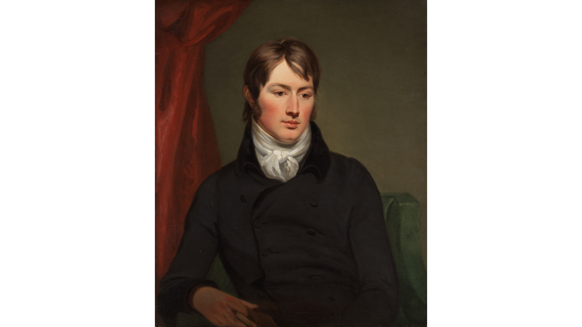 A portrait of John Constable by Ramsay Richard Reinagle circa 1799, depicting the artist in gentlemen's clothes of the time looking slightly left.