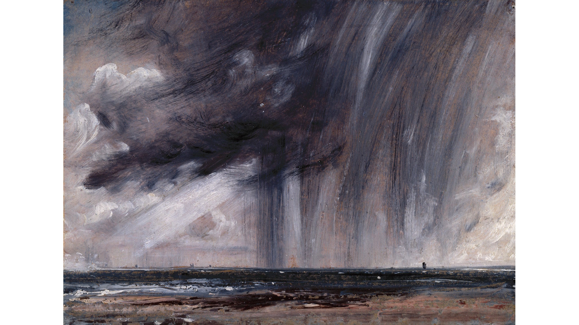 John Constable's painting Rainstorm over the Sea, from 1824-1828, depicting a storm with strong vertical brushstrokes of black and grey, a dark sea and foreshore.