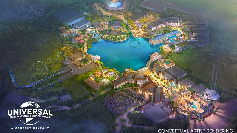 artist rendering of a theme park with CGI drawings of roller coasters, pop-up circus tents, attractions and bright lights