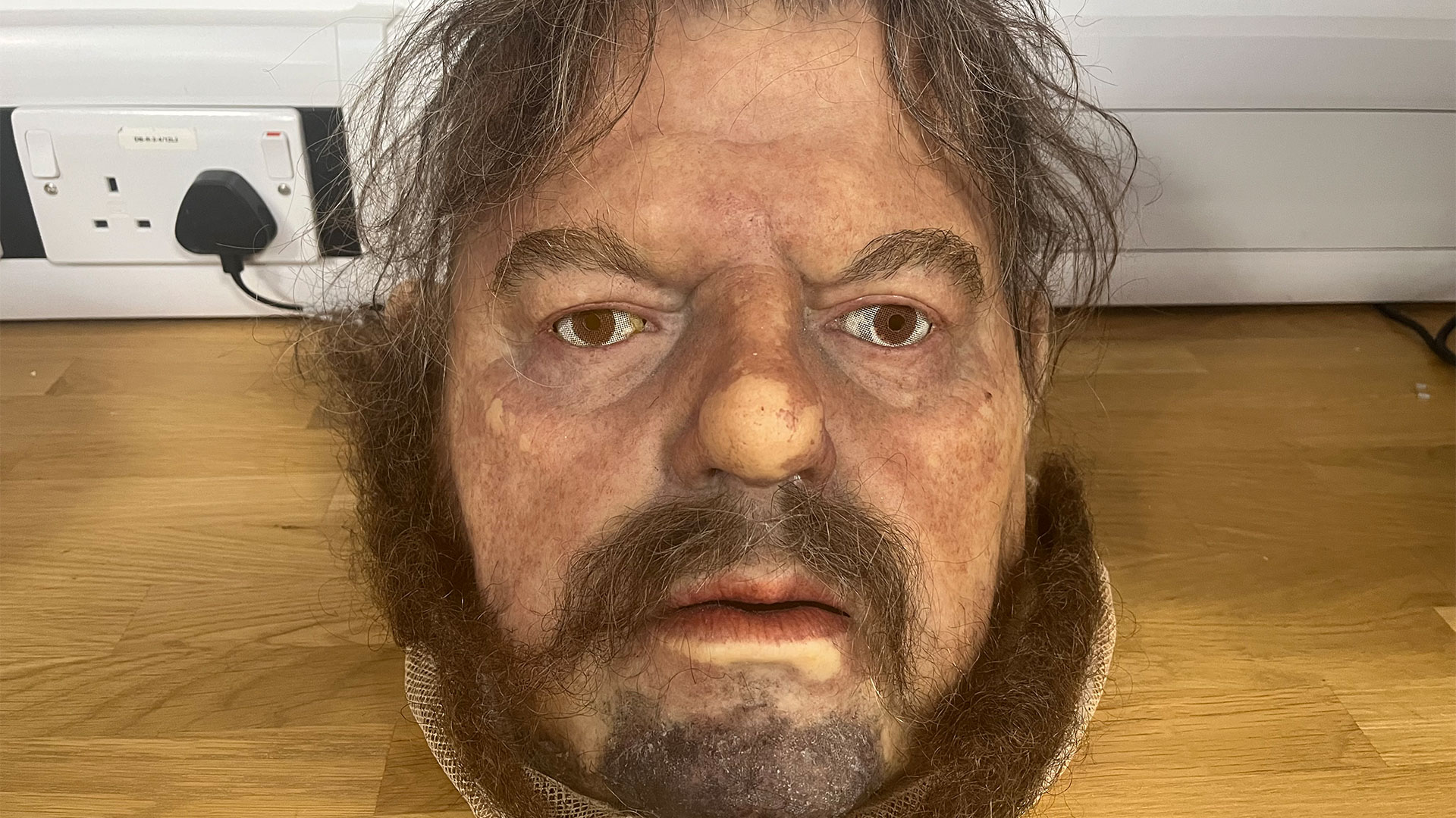 A large-scale reproduction of Robert Coltrane's face, who played Hagrid in the Harry Potter movies, was used by his stunt double.