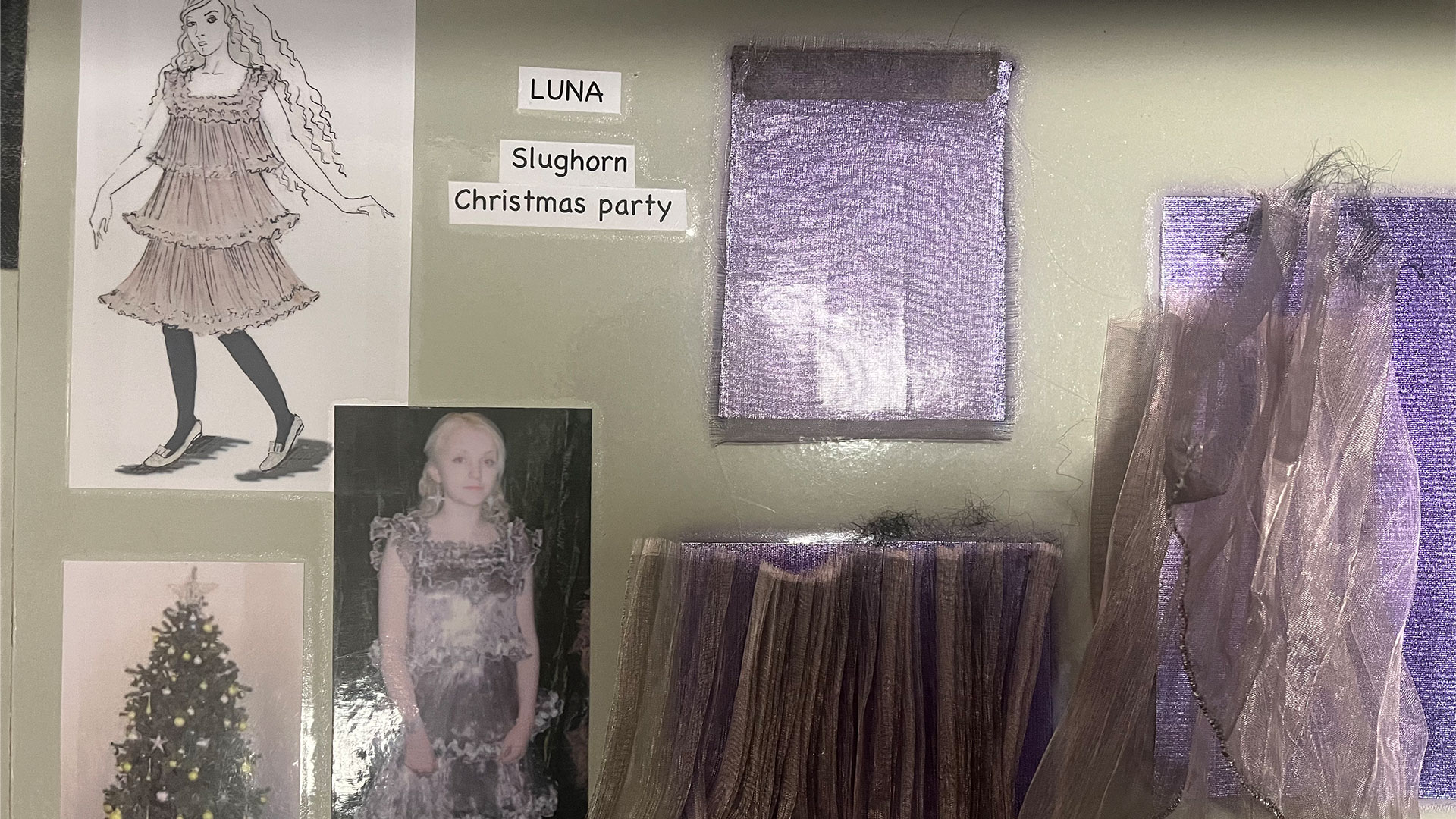 The mood board was created for Luna Lovegood's Christmas dress, showing sketches of the dress alongside clipped fabrics and a photo of the finished design, as worn by the actress.