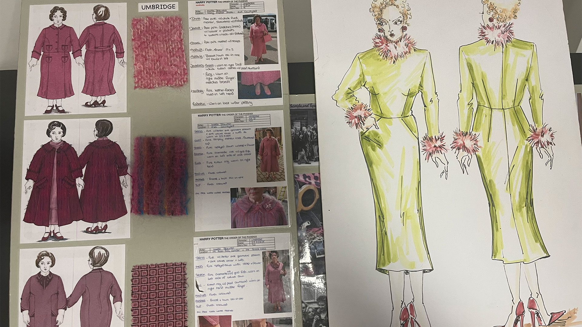 Take part in Warner Bros. Studio's new workshop, diving into the world of costume design. Photo credit: Carole Rocton. Mood boards showing the fabrics and initial sketches for the costumes of Professor Umbridge and Rita Skeeter.