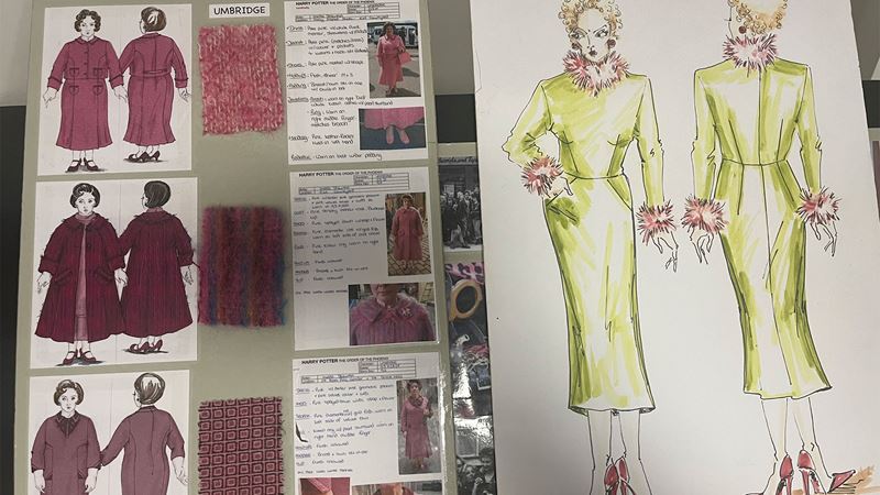 Mood boards showing the fabrics and initial sketches for the costumes of Professor Umbridge and Rita Skeeter.