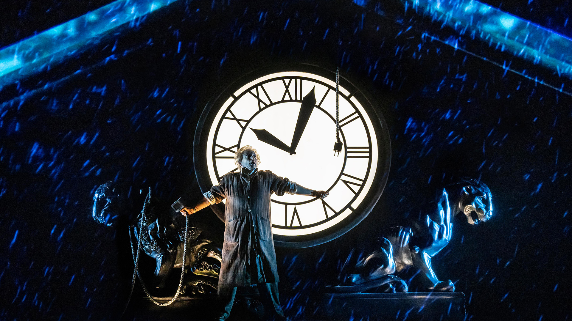 Don't miss the award-winning Back to the Future musical at the Adelphi Theatre. Image courtesy of London Theatre Direct. Dramatic set design and light projections at Back to the Future musical