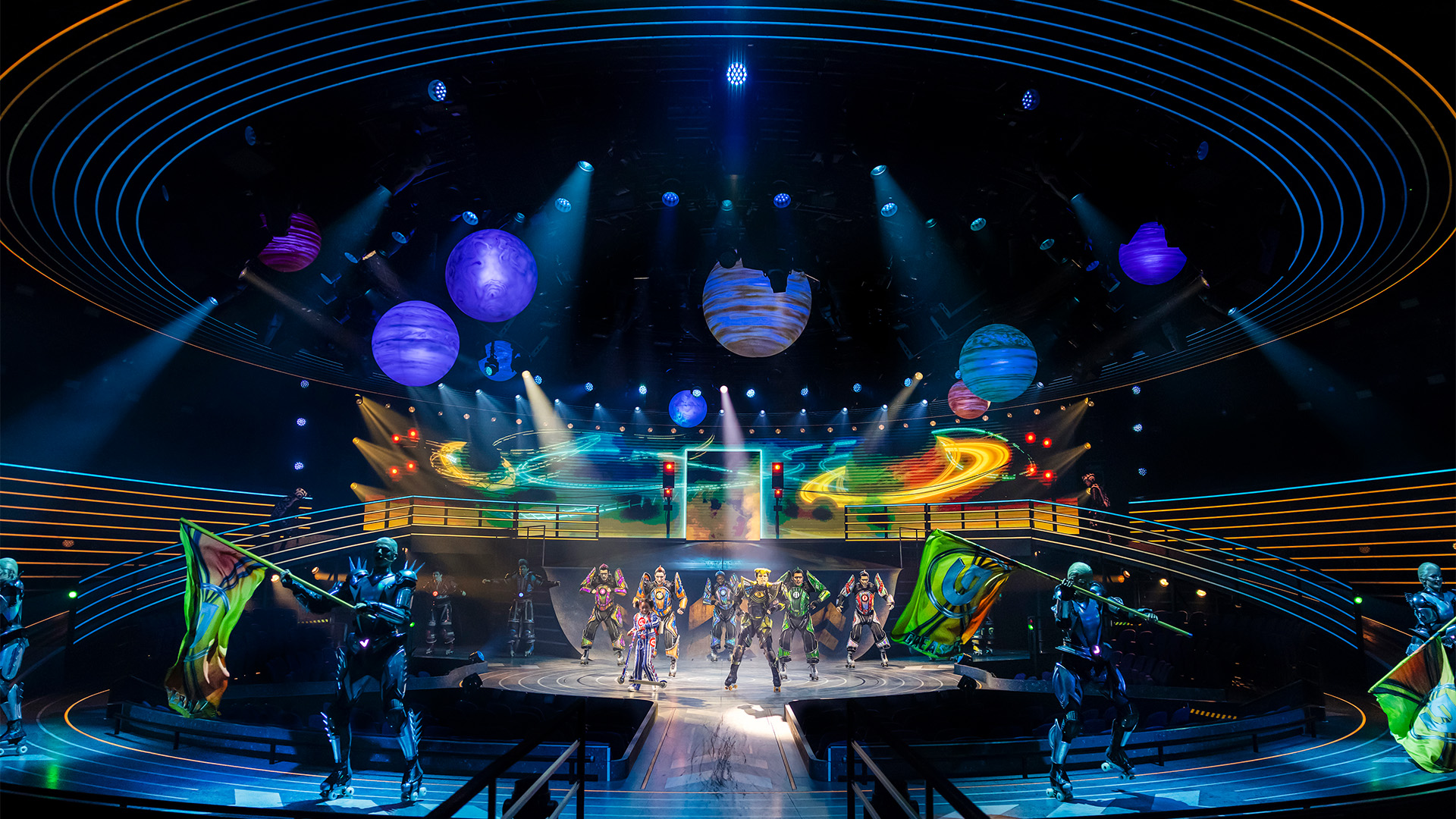 The 2025 cast of Starlight Express at Troubadour Wembley Park Theatre. Image courtesy of Pamela Raith/London Theatre Direct. The immersive set design and 2025 cast of Starlight Express