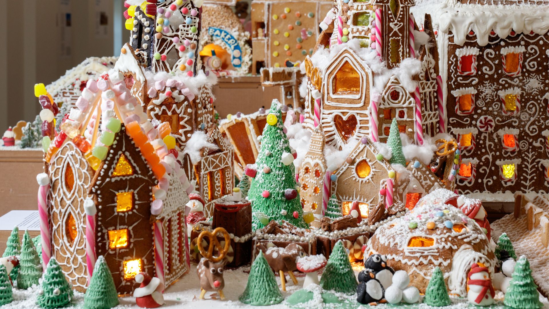 The Gingerbread City. Assael Architecture. Image credit: Luke O'Donovan. Image courtesy of Sarah Harrison PR. Multiple gingerbread houses next to each other to make up an edible city.