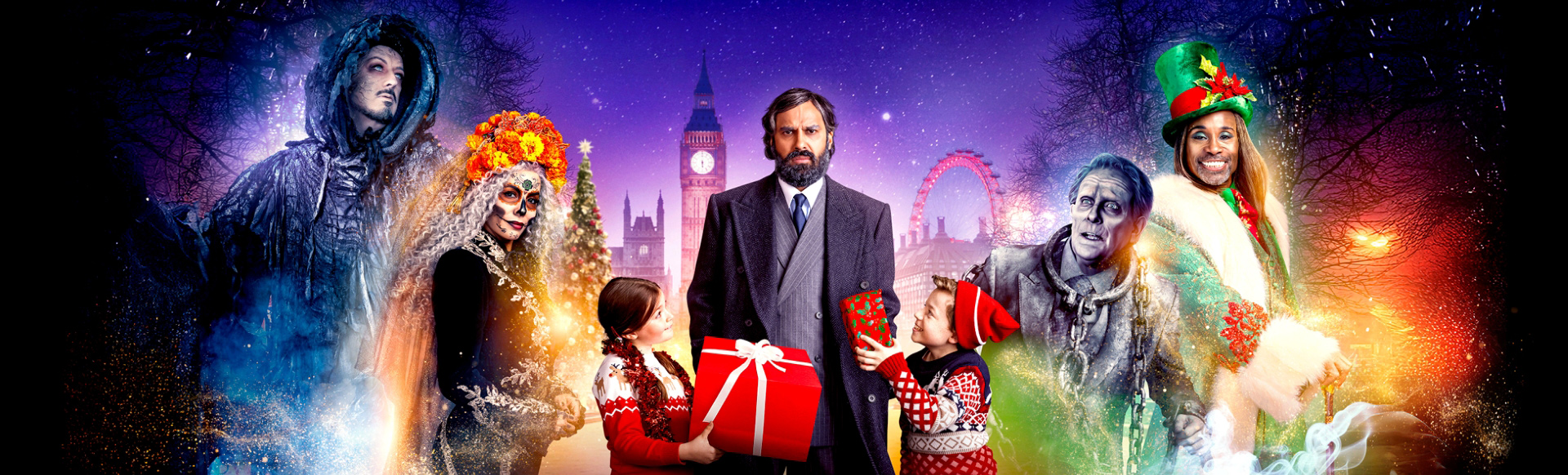 A photo of the Christmas Karma film poster with characters including Mr Sood and the three ghosts of Christmas on a purple background with London landmarks in the background