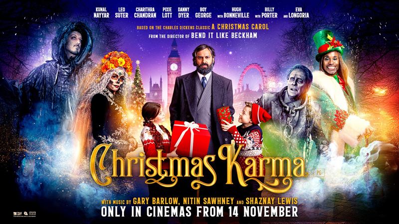 A photo of Christmas Karma characters including Mr Sood and the three ghosts of Christmas on a purple background with London landmarks in the background