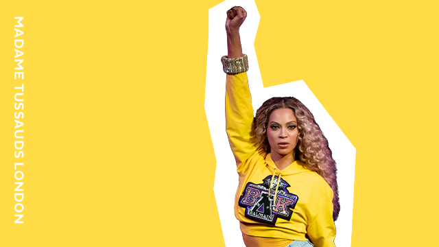 Eine Grafik die die Sängerin Beyonce, mit den Worten "Madame Tussauds London" zeigt.