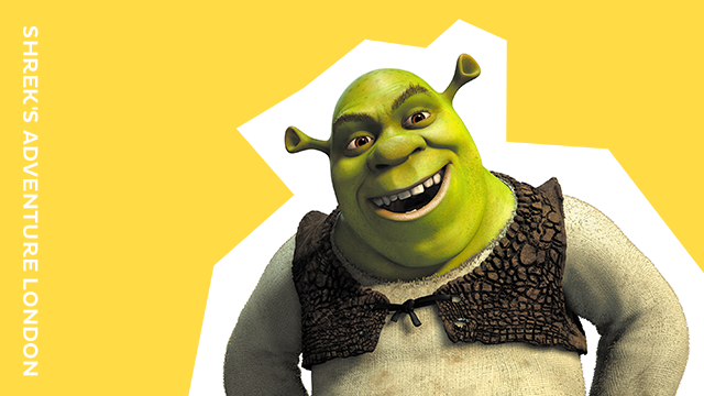 Un graphique de Shrek sur fond jaune, tiré de L'Aventure de Shrek ! London, avec l'inscription "Shrek's Adventure ! Londres"