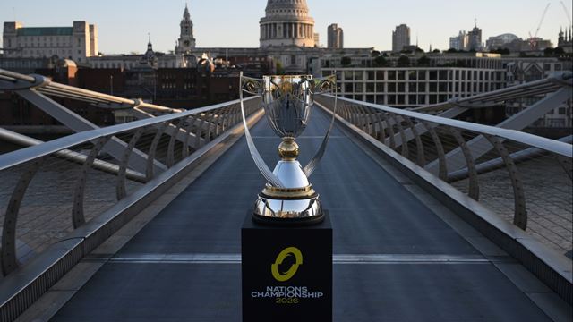 A photo of the Nations Championship Trophy on the Millennium Bridge in London with St Paul's in the background