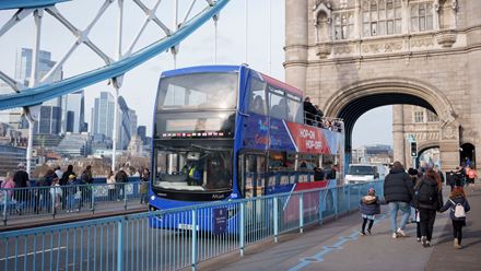 See London’s famous attractions aboard an open-top bus tour with a live guide. Image courtesy of Golden Tours.
