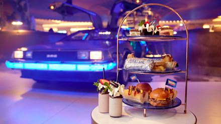 Tuck into themed sweet and savoury delights at the Back to the Future afternoon tea at the Cumberland Hotel. Image courtesy of W Communications.