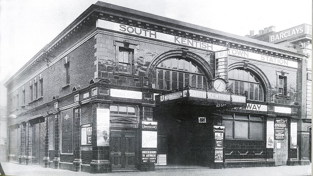 An old black and white photograph of South Kentish Town Station in London
