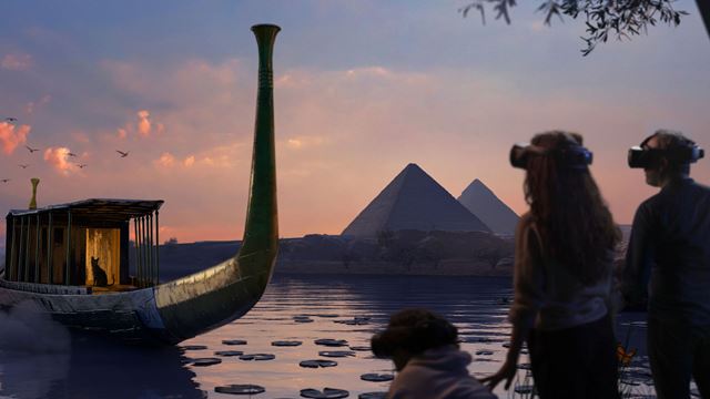 digitally produced photo, with three figures standing with VR headsets on, looking out to a boat on the river and the Egyptian pyramids in the background