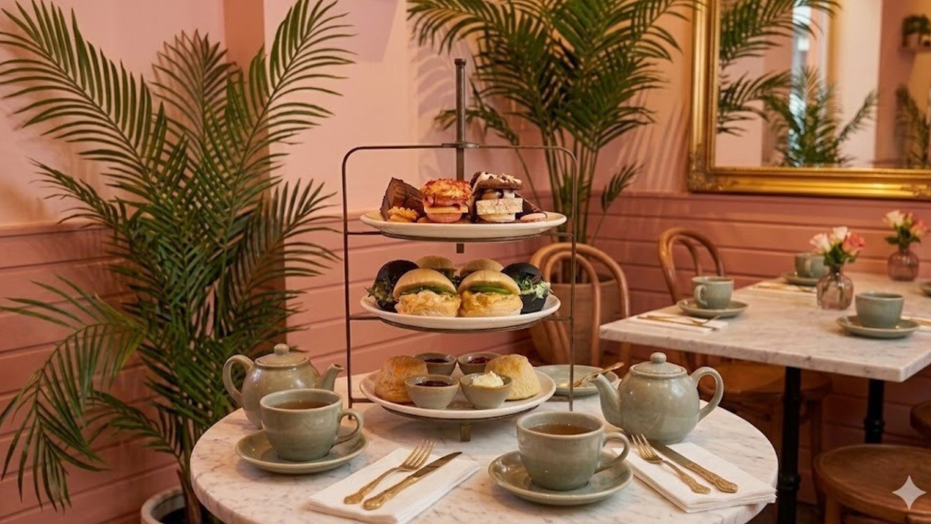 Three-tier afternoon tea stand with finger sandwiches, pastries and scones on a marble café table, set with teacups in a pink interior decorated with plants.