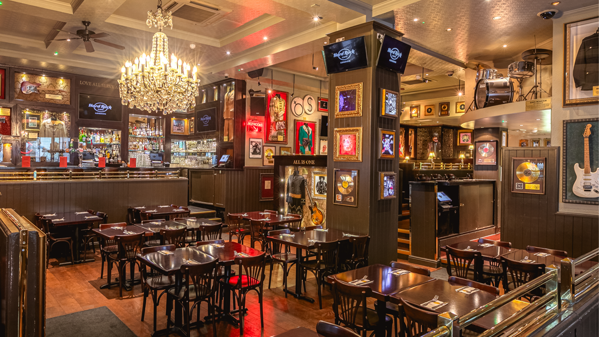 The Hard Rock Cafe restaurant interiors with pictures and memorabilia on the walls