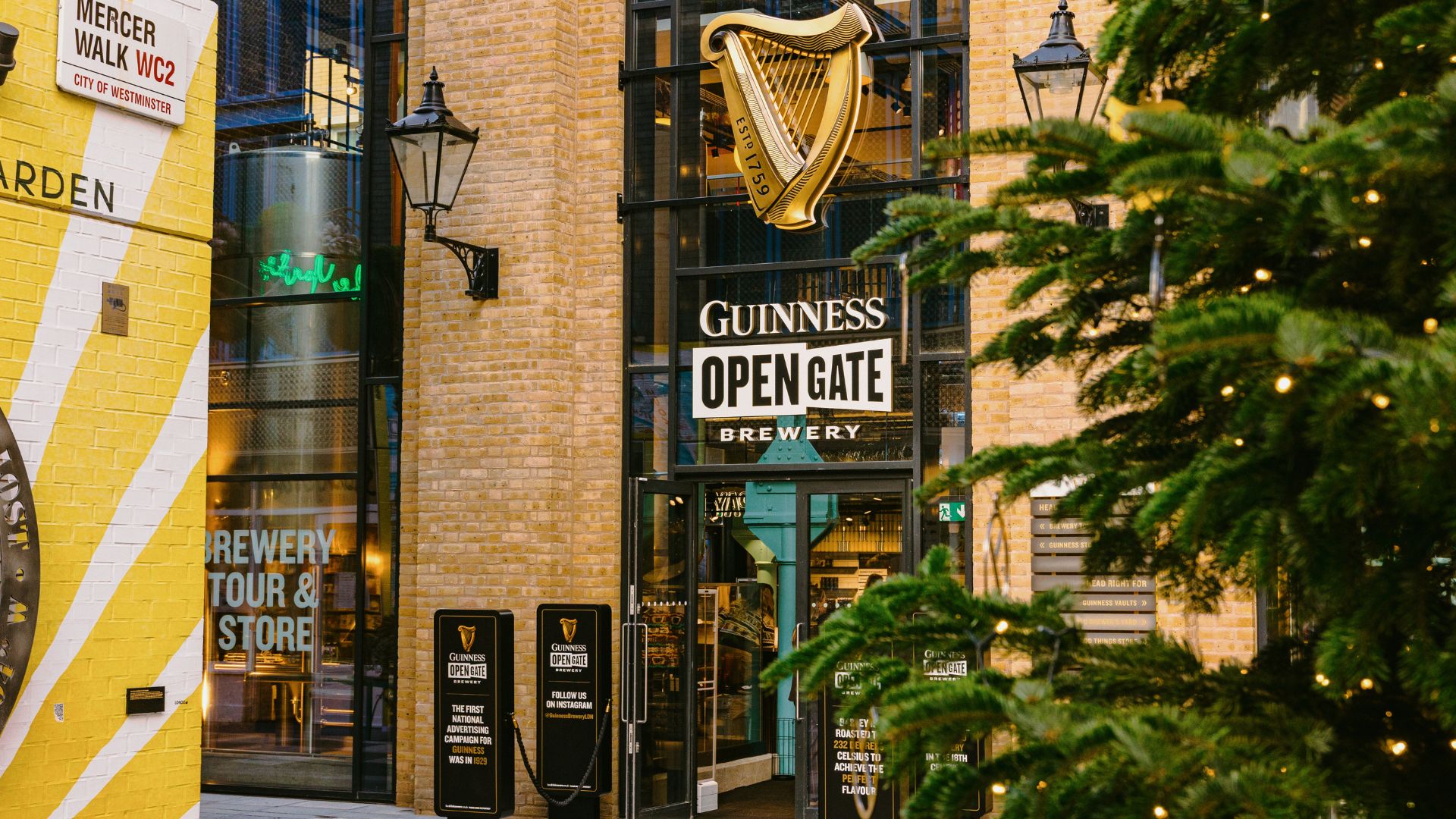Exterior of the Guinness Open Gate Brewery in Covent Garden, showing the entrance at Old Brewers’ Yard on Mercer Walk.