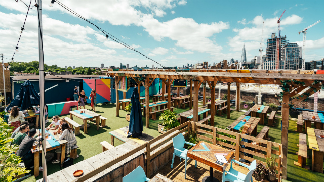 Panoramic shot of benches and seating areas on the roof of Skylight bar with London cityscape on horizon.