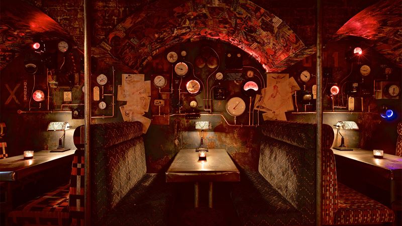 Cahoots Underground cocktail bar. Credit: Johnny Stephens. Image courtesy of Cahoots. Cahoots Underground cocktail bar inside a Bakerloo line carriage.